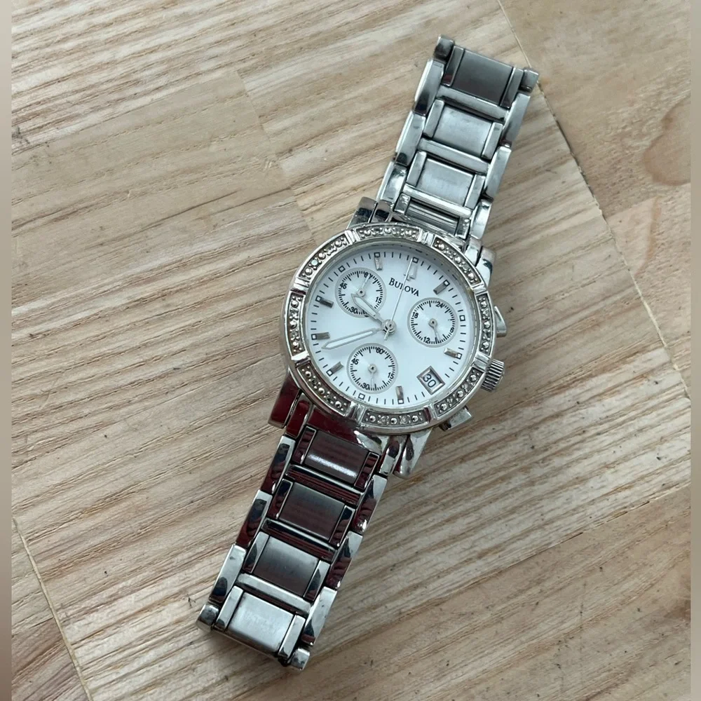 Bulova Diamond Chronograph Ladies Watch Mother of Pearl Dial Stainless Bracelet